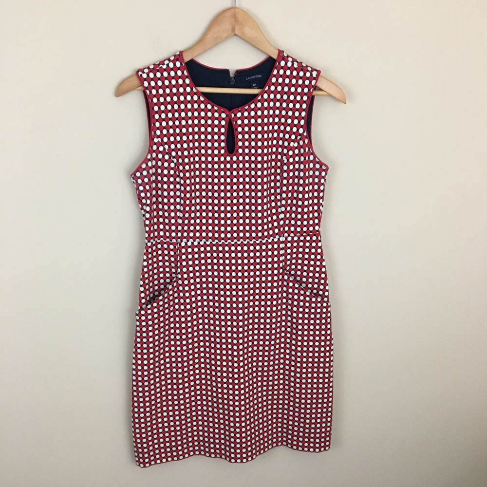 Lands’ End Dress Womens 6P Red White Blue Sleeveless Polka Dot Sheath